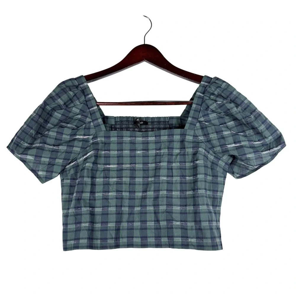 Madewell Plaid Puff Sleeve Top Womens Small Green Smocked Crop Cottagecore Twee
